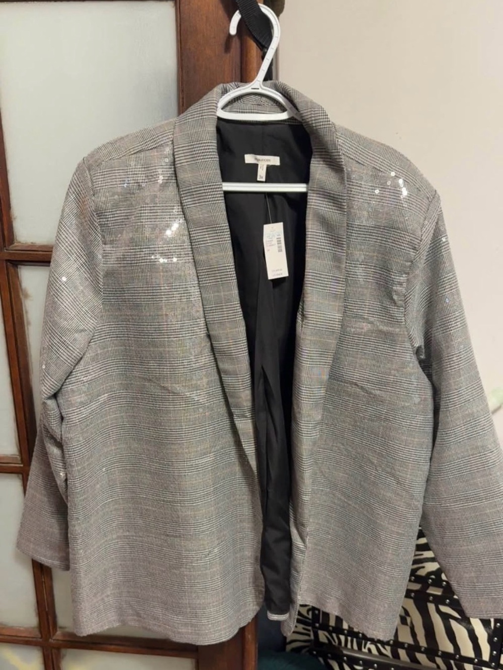 Maurices Silver-Gray Plaid Sequin Open Blazer